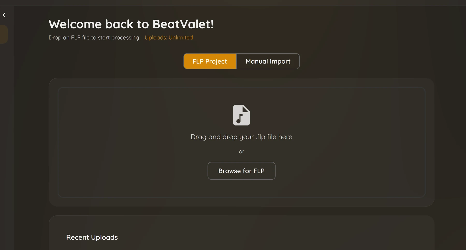 BeatValet intake screen with a drop zone for a finished FL Studio project and a list of recent uploads.